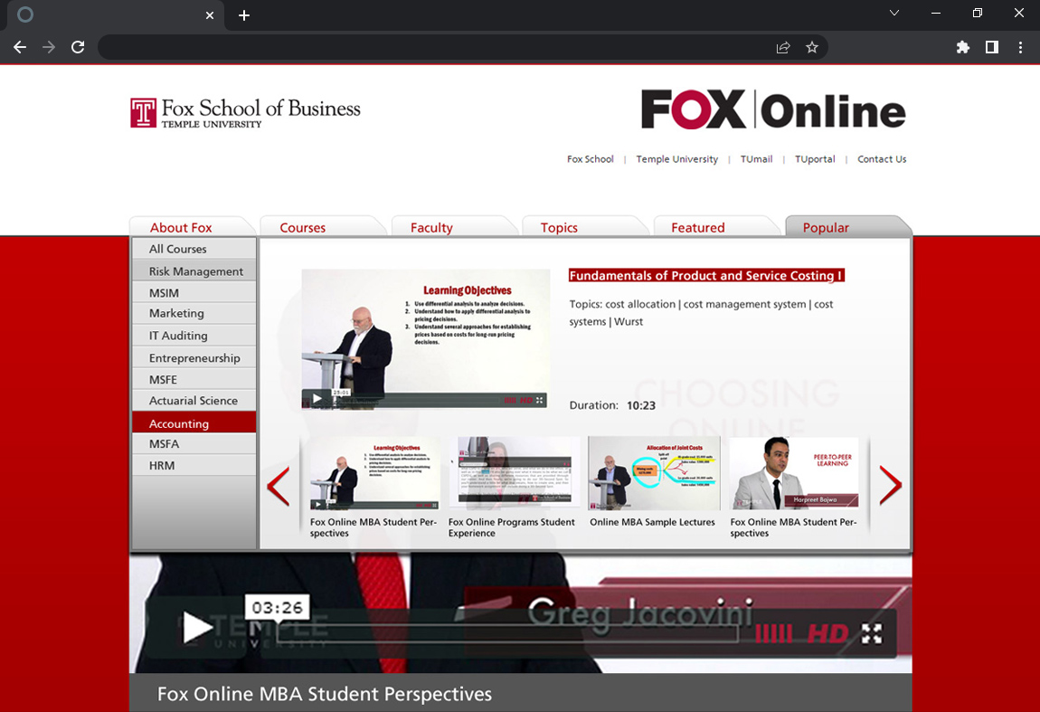 video library website drop-down menu screenshot